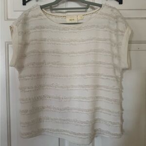 Anthropologie Maeve Barton Striped Ivory Fringe Top Short Sleeve Size 4 EUC